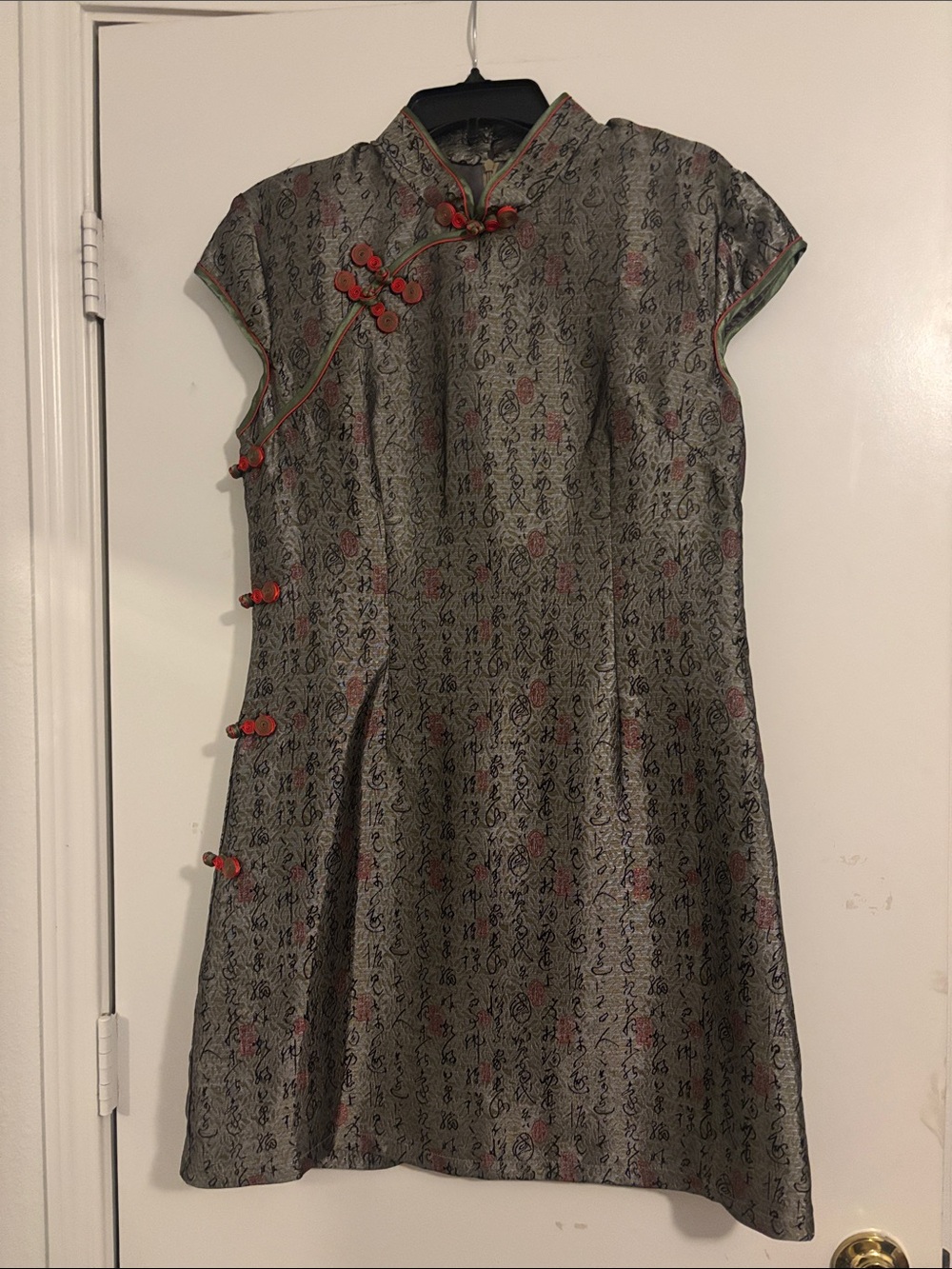 Classic Silver Brocade Mandarin Dress with Red & Sage Accents